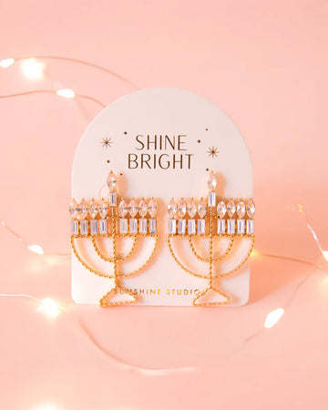 gold jeweled menorah dangle earrings