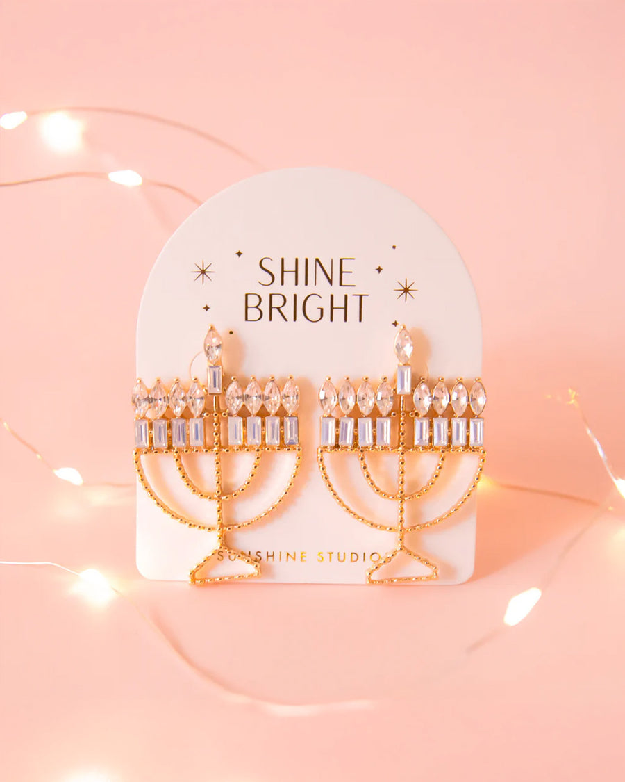 gold jeweled menorah dangle earrings