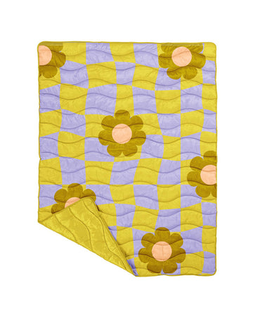 lime and purple trippy checker with bold flower puffy blanket