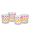 set of four rock glasses with pink, green and orange carnival check print