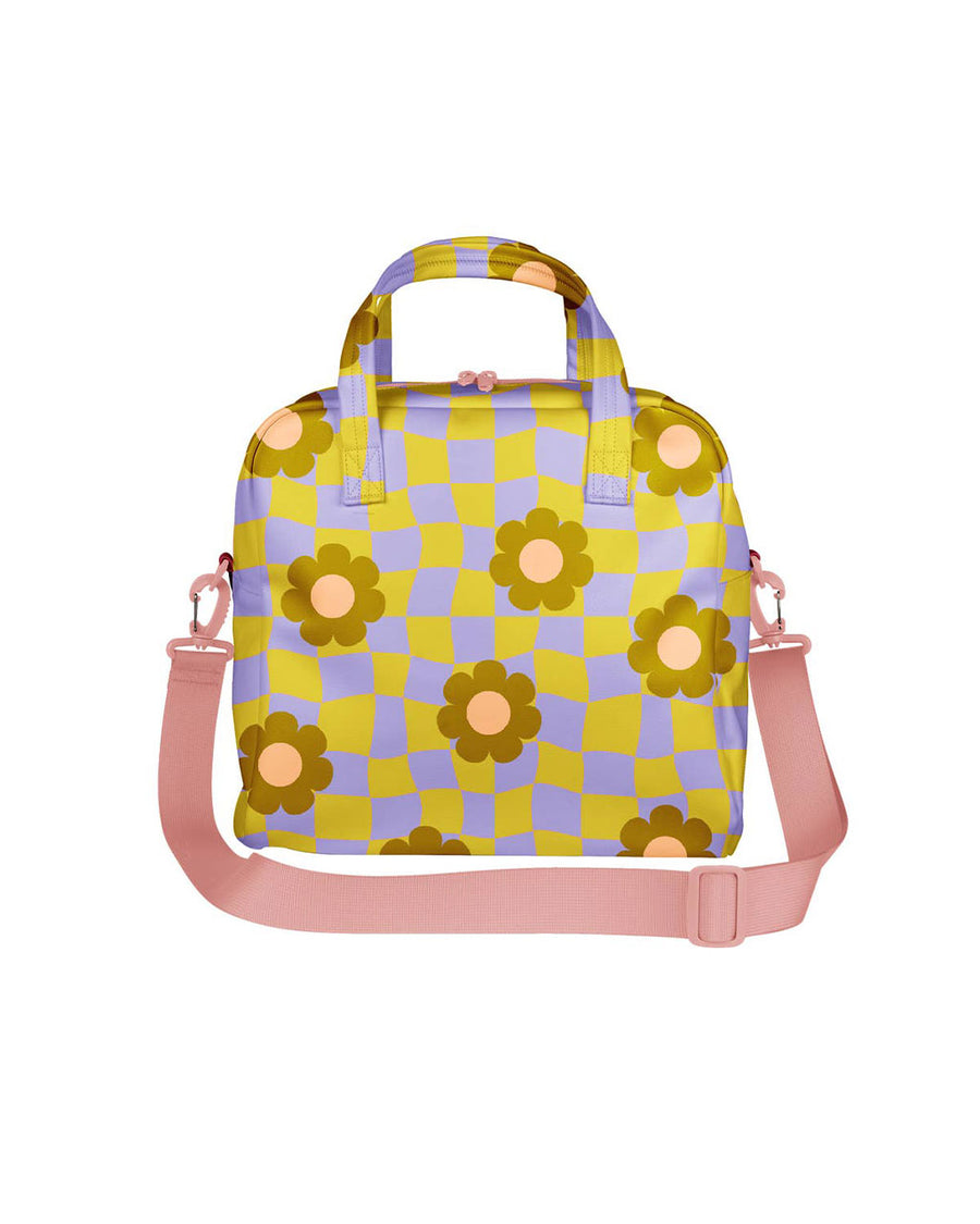 yellow and lavender trippy checker skate bag with cute daisy print