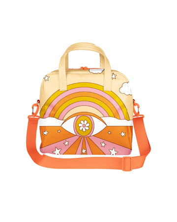 trippy skate bag with pink, orange and yellow colors, abstract stars and eye design
