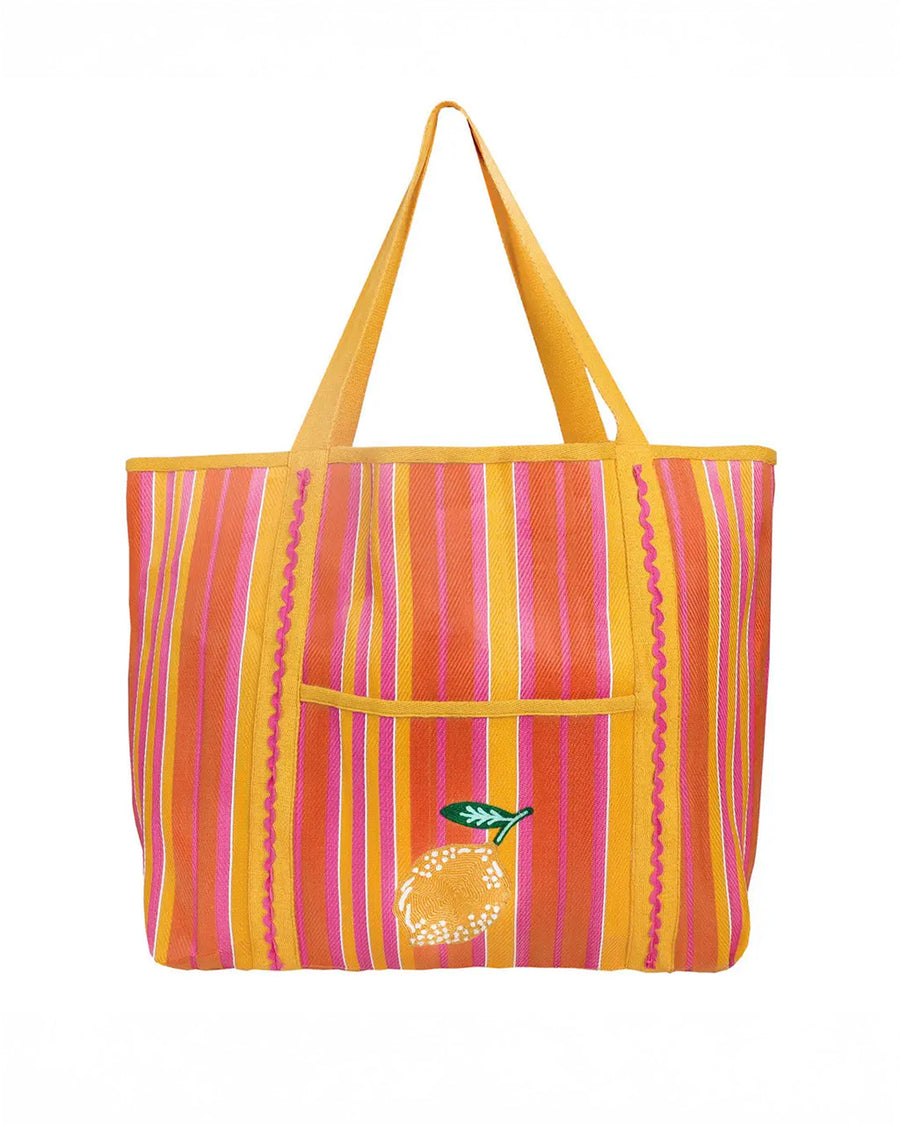 orange, yellow, and pink vertical stripe recycled plastic tote with ribbon detail and lemon applique