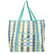 blue, white and yellow plaid large recycled plastic tote bag with ric rac detail and  embroidered three fishies on the front pocket