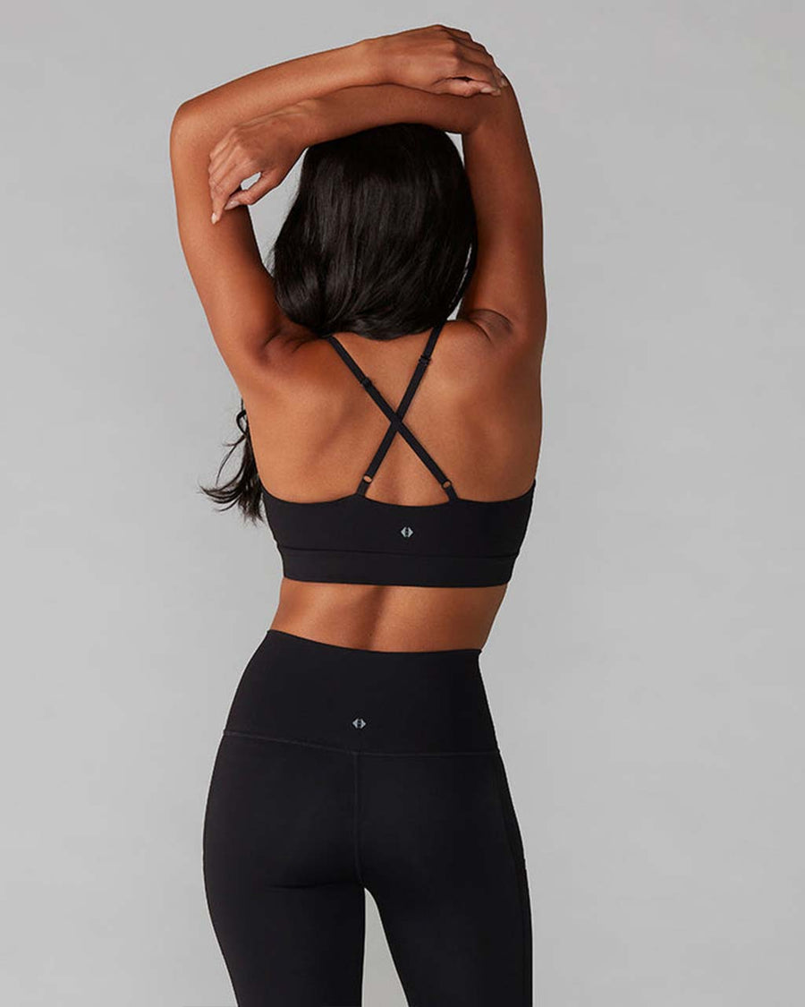 back view of model wearing black sports bra