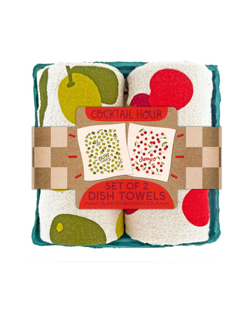 packaged set of 2 cocktail hour tea towels: olives and cherries