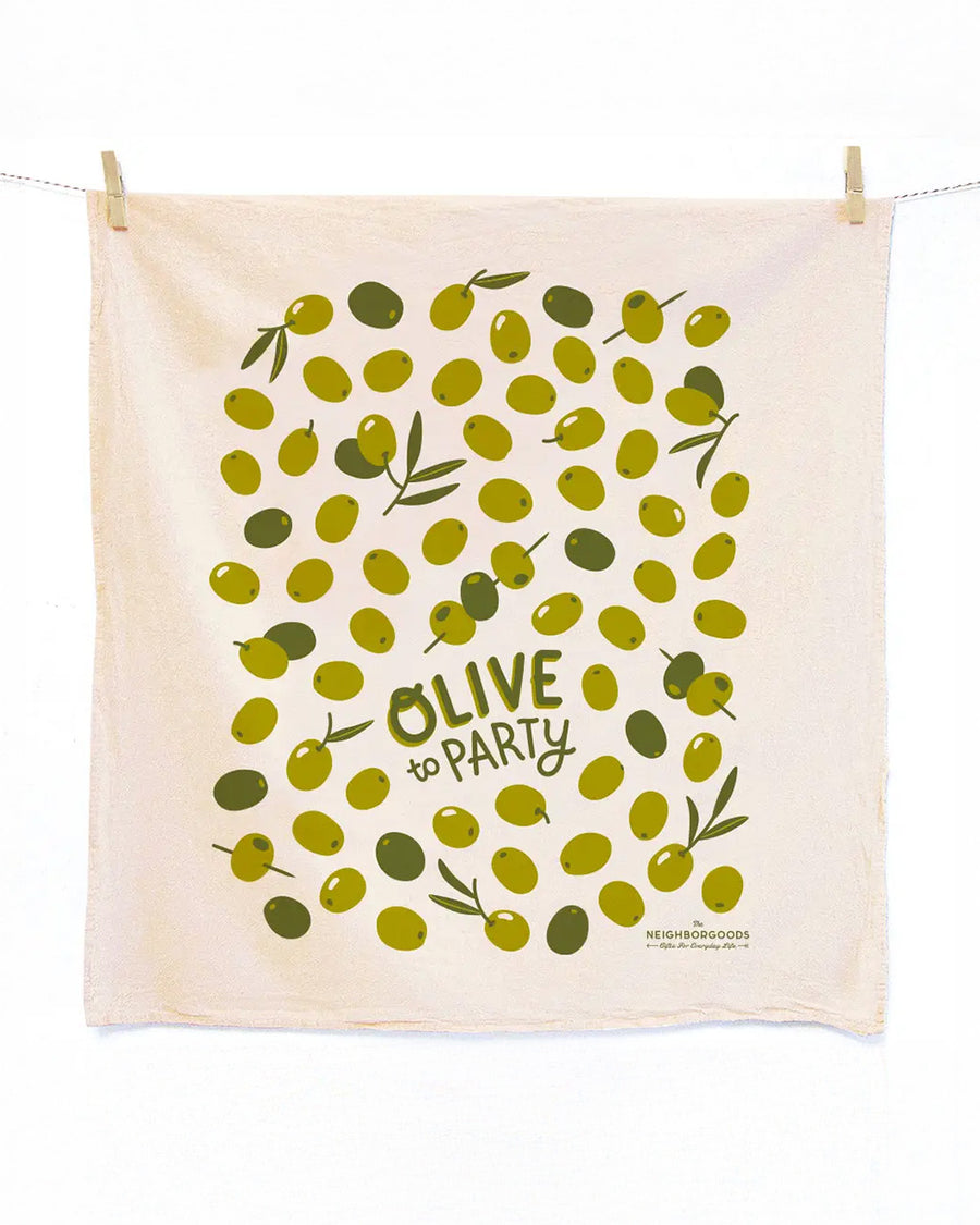 tea towel with all over olive print that says 'olive to the party'