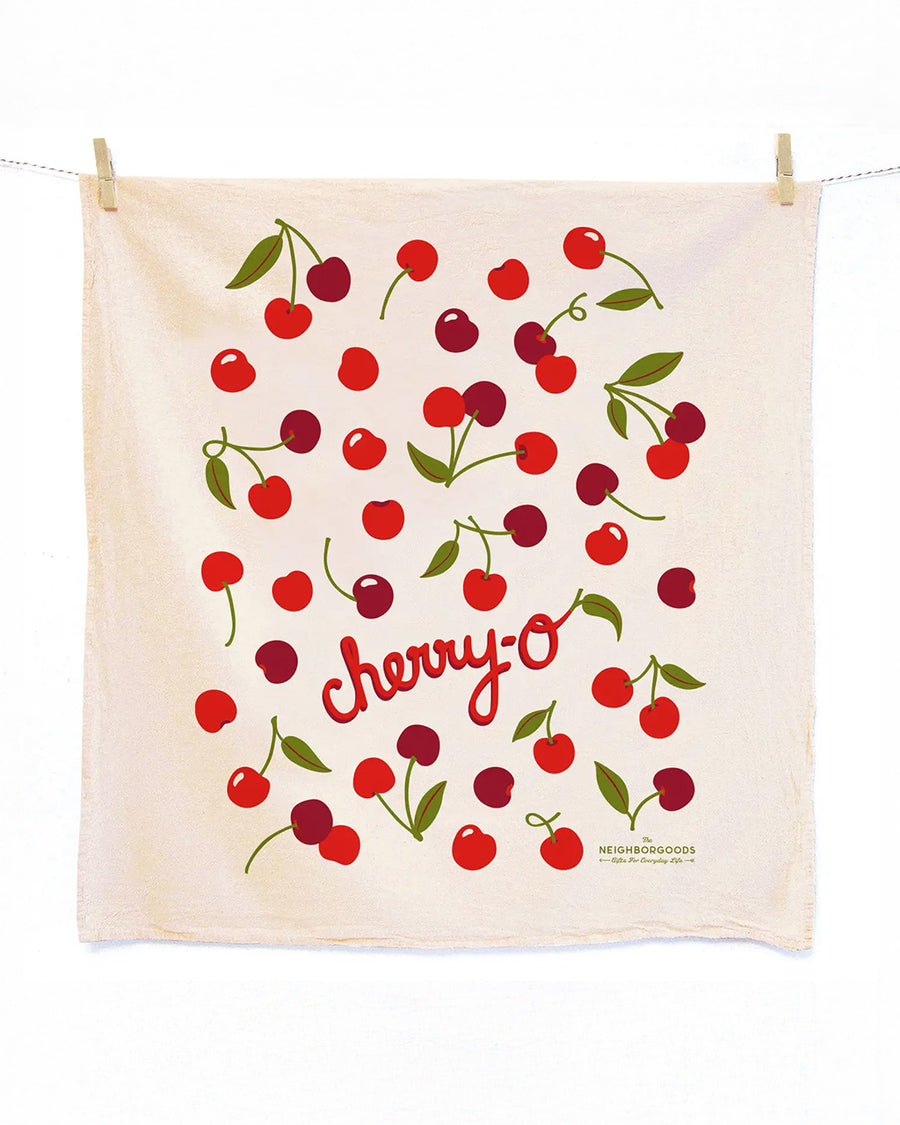 tea towel with all over cherry print and says 'cherry-o'