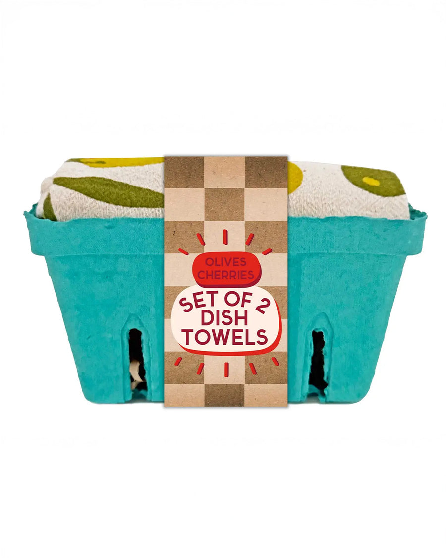 side view of packaged set of 2 cocktail hour tea towels: olives and cherries