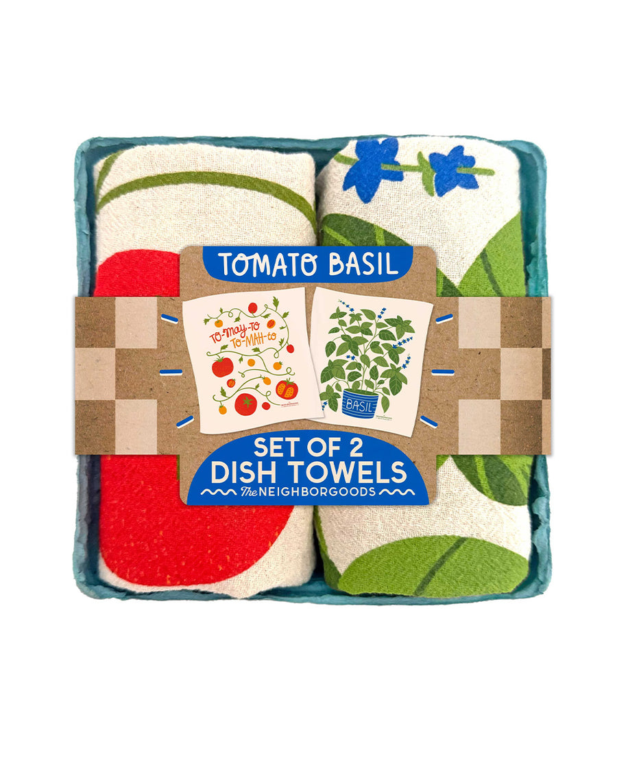 set of 2 tea towels with tomato and basil prints in biodegradable container