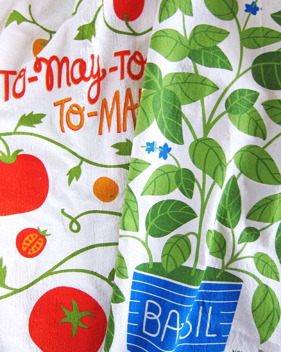 set of 2 tea towels with tomato and basil prints