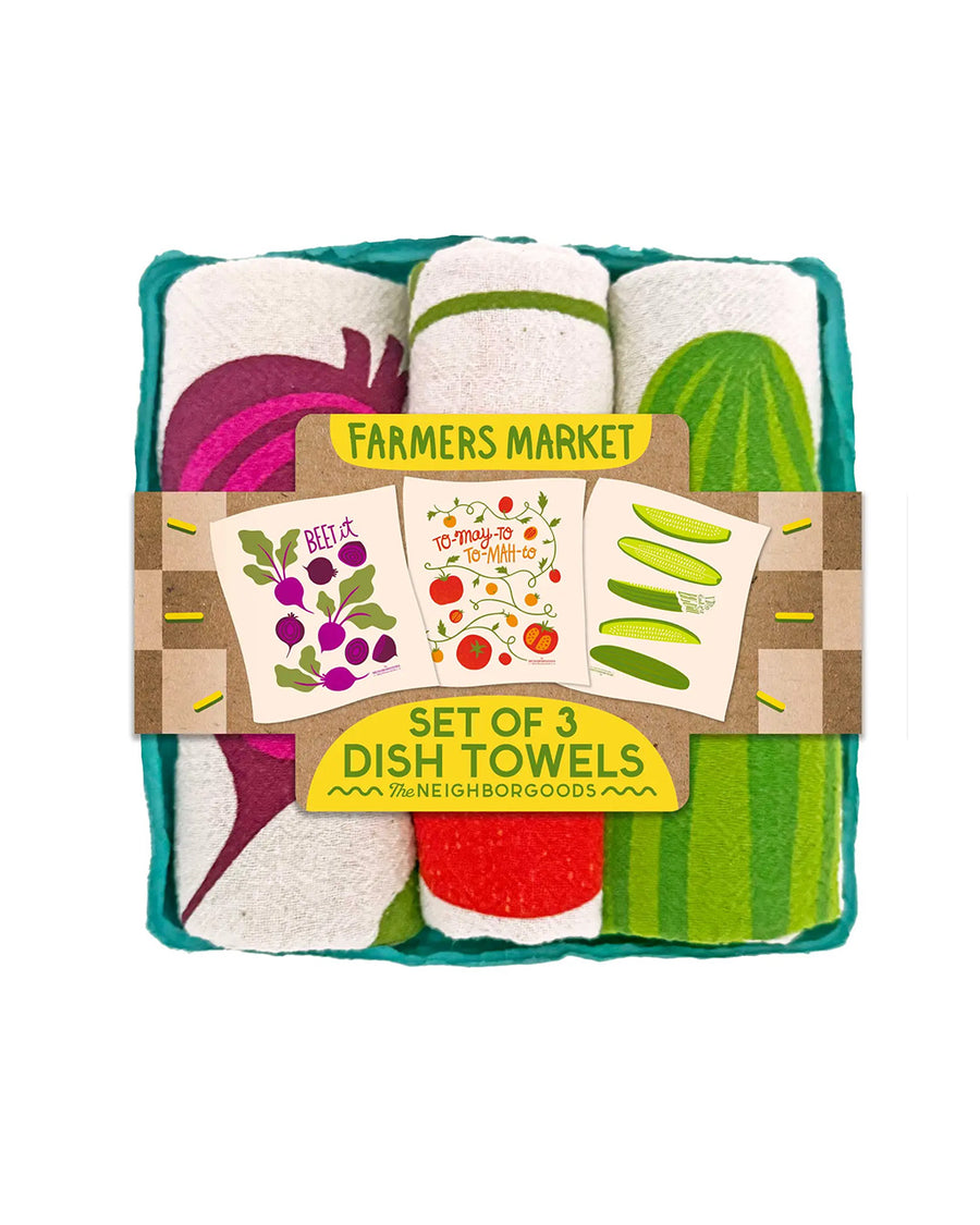 packaged set of three farmer's market tea towels: 'beet it', 'to-may-to to-mah-to', and 'i'm kind of a big deal