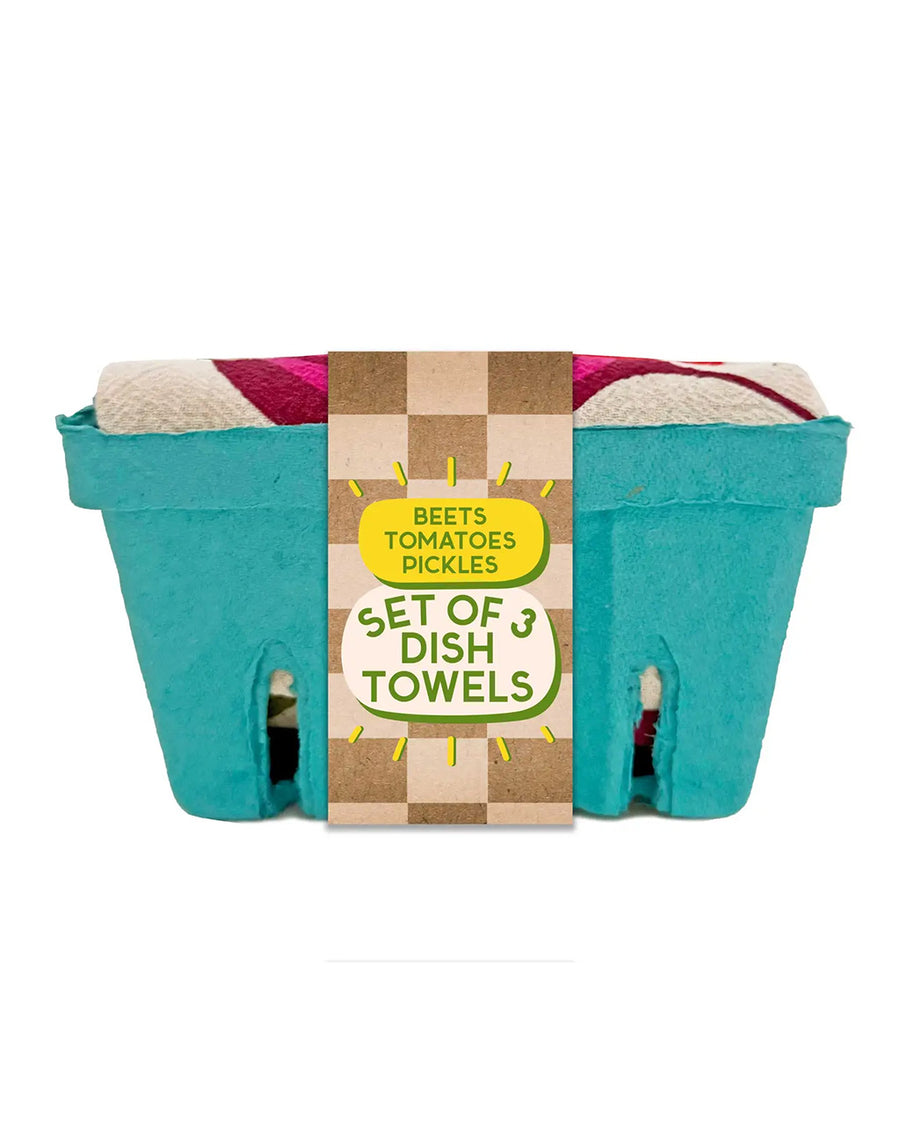 side view of packaged set of three farmer's market tea towels: 'beet it', 'to-may-to to-mah-to', and 'i'm kind of a big deal