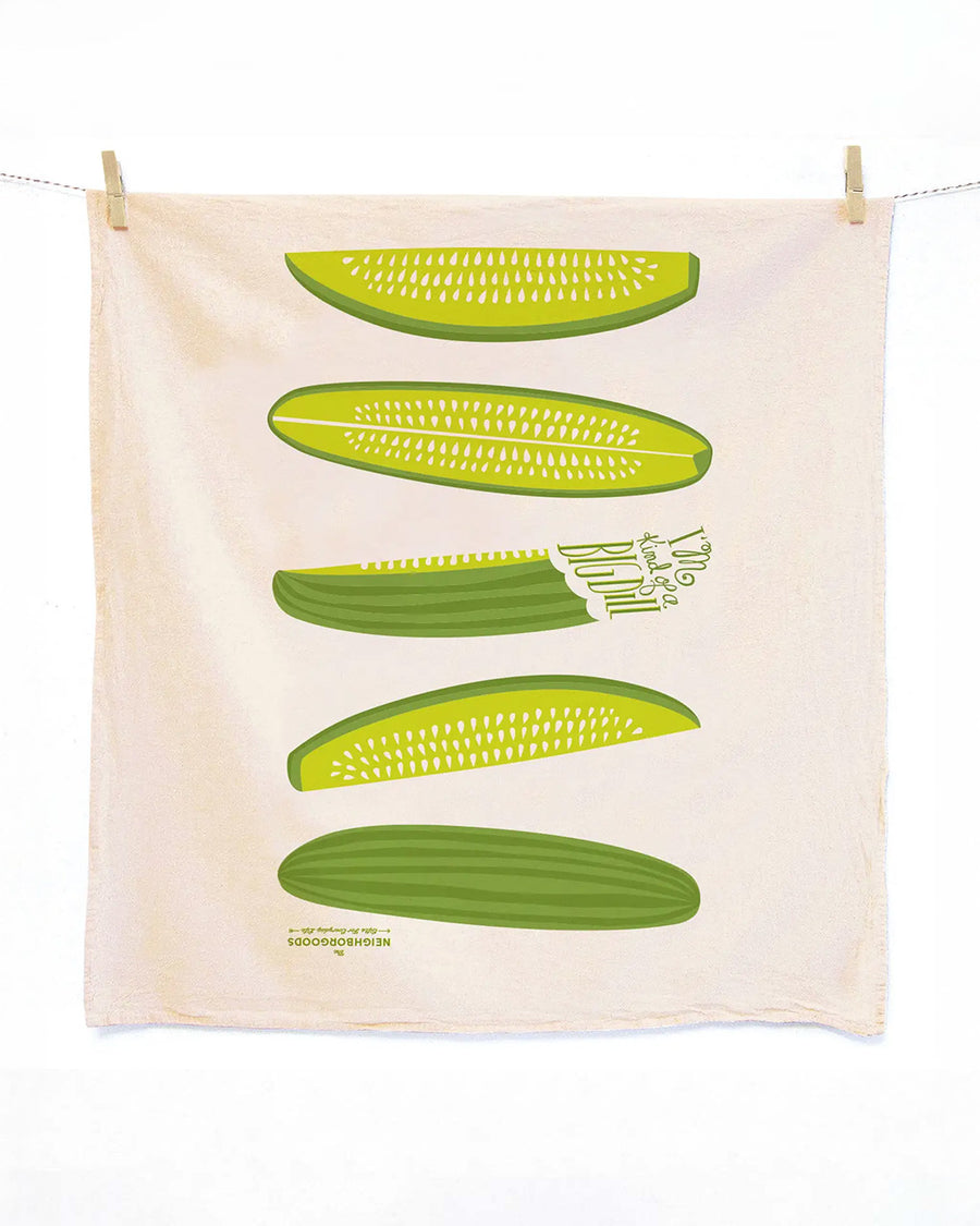 tea towel with all over dill pickle spear print and says 'i'm kind of a big deal'