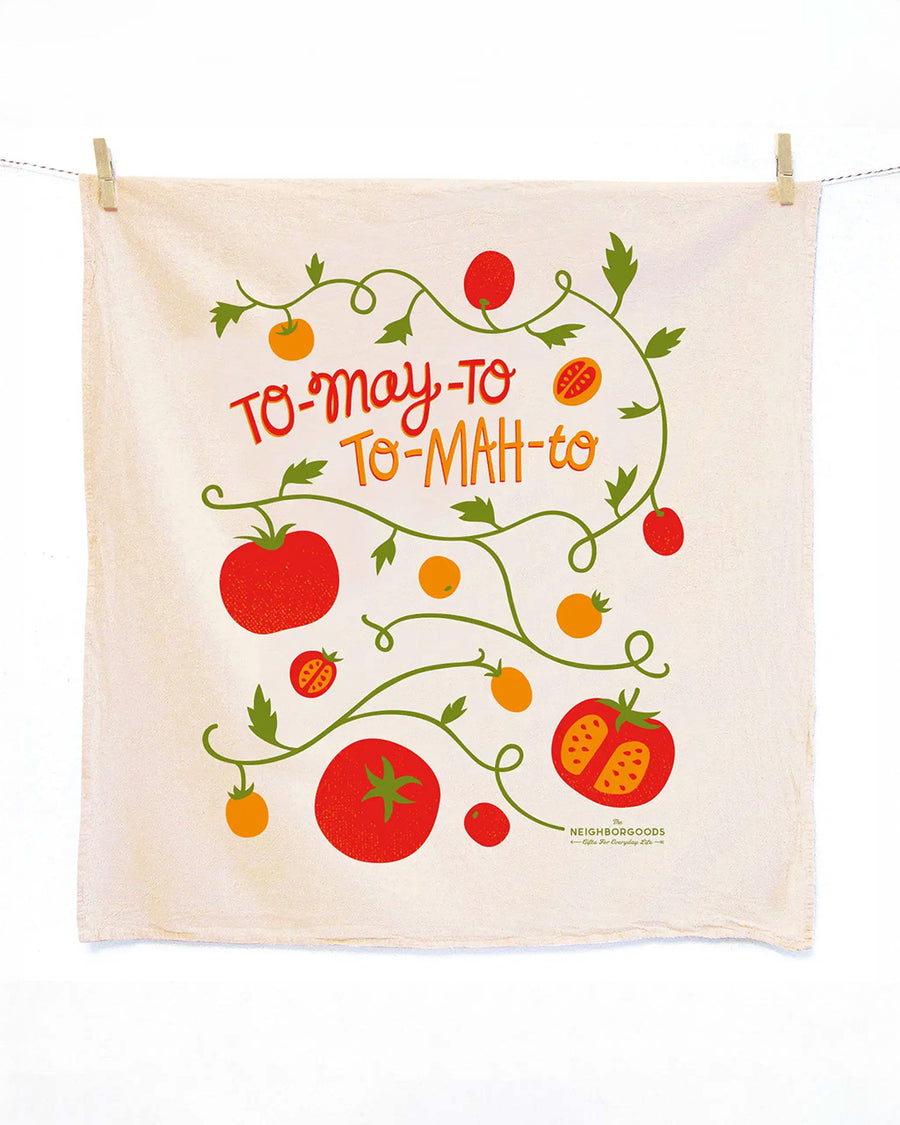 tea towel with all over tomato print that says 'to-may-to, to-mah-to'