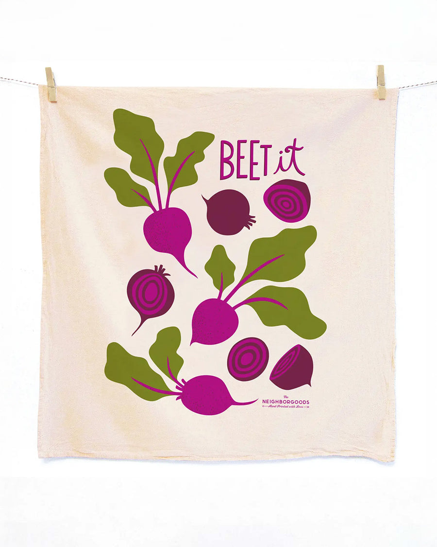 tea towel with all over beet print and says 'beet it'
