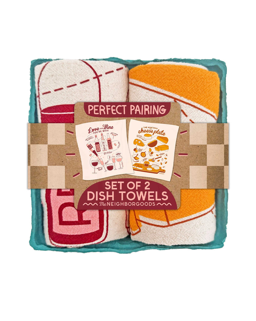 two dish towel set: wine themed and cheese themed