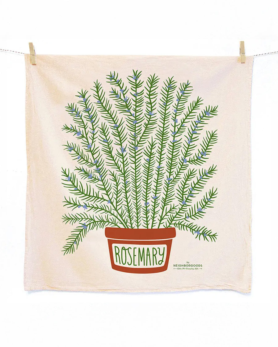 tea towel with rosemary print and pot with rosemary across the front
