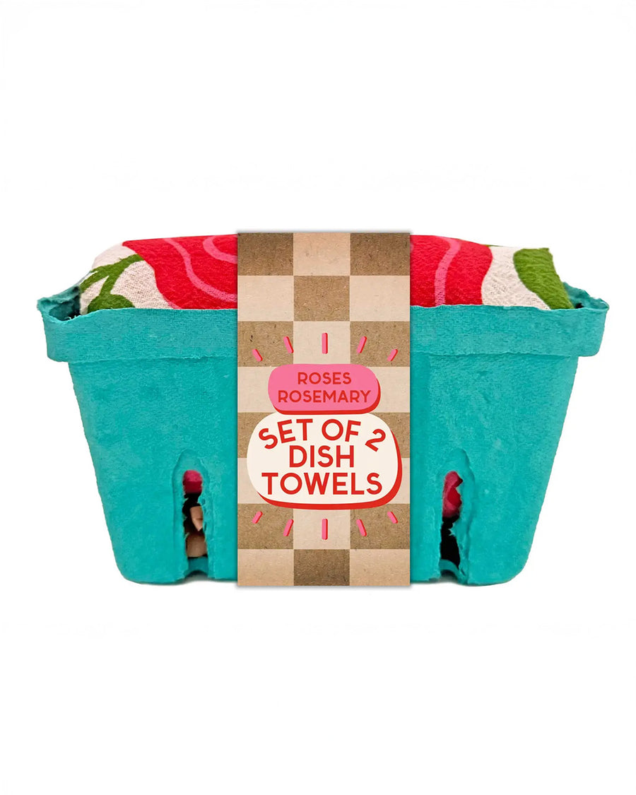 side view of packaged set of 2 rose garden tea towels