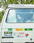 green rectangular bumper magnet with white 'be nice' text with goose design on WV van