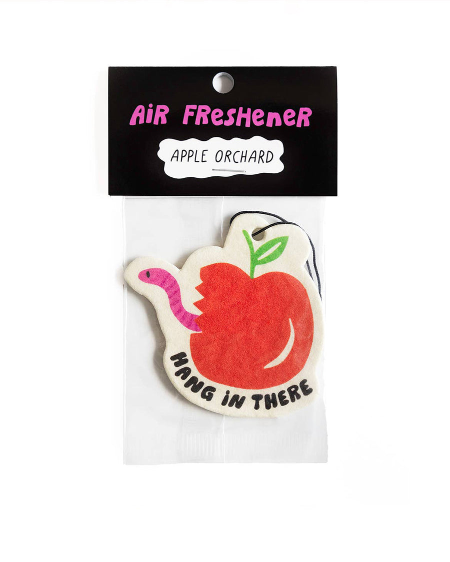 apple orchard air freshener with apple and worm graphic and 'hang in there' text long the bottom