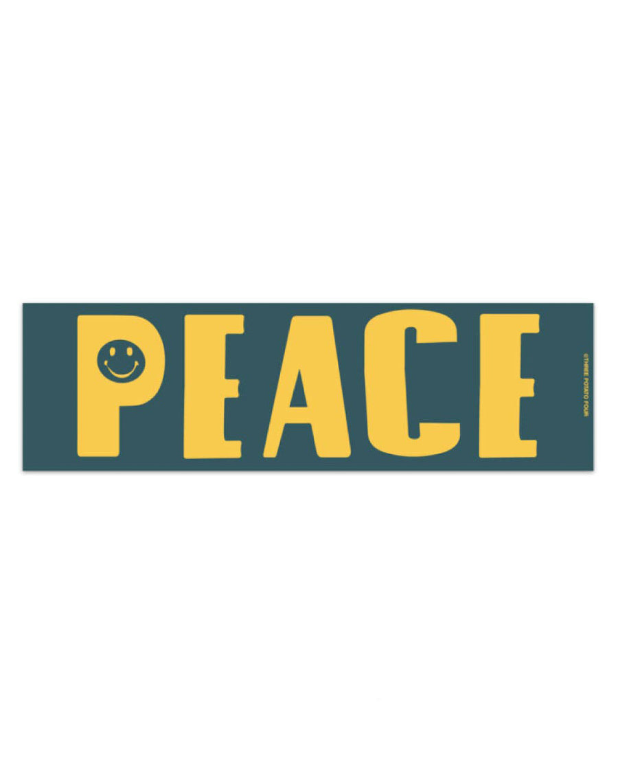 teal rectangular bumper magnet with yellow 'peace' and smiley design