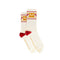 white crew socks with yellow and red floral print across the top and red heel