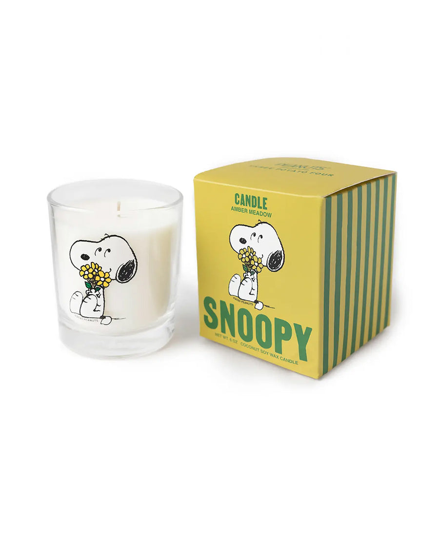 amber meadow scented candle in a glass vessel with snoopy holding a bouquet of yellow flowers and matching box