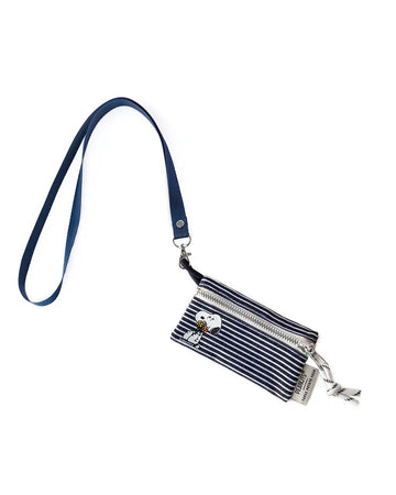 blue and white striped zip lanyard wallet with snoopy holding a bouquet of flowers