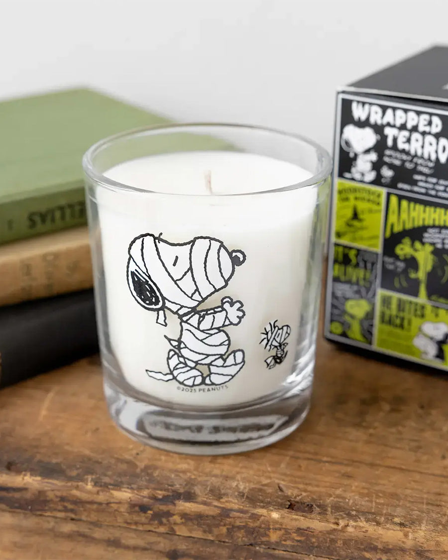 cinnamon scented candle with snoopy and wooodstock in a mummy outfit on a table