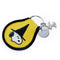 side view of yellow and black patch keychain with snoopy in a witch hat