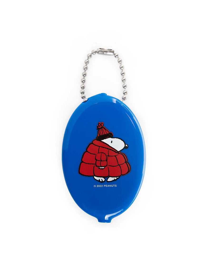 blue coin pouch with snoopy in a puffy winter coat and hat graphic