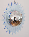up close of light blue sunburst suncatcher with disco ball center