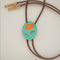 teal and orange poppy bolo tie with brown cord and gold tips