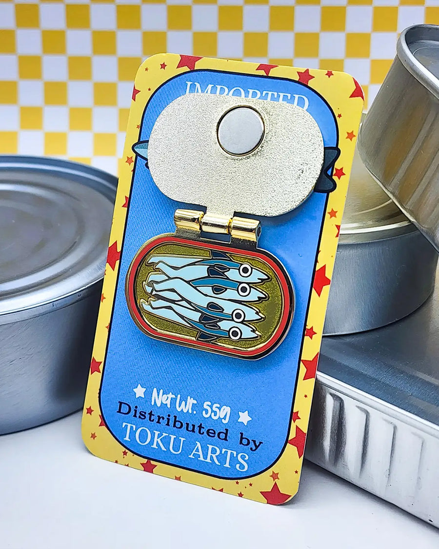 packaged red, yellow and blue interactive 'catch of the day anchovies' canned anchovies pin