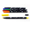 set of 6 dual brush pen set: yellow, orange, red, green, blue and black with caps off