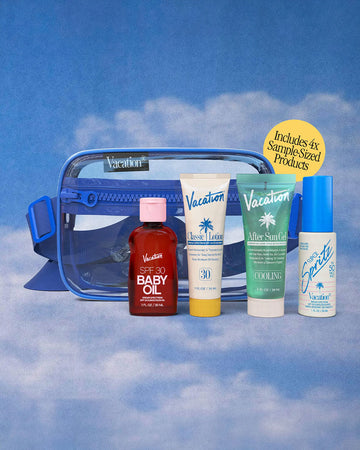 set of 4 sample sized products: baby oil, classic sunscreen, after sun gel and super spritz with clear fanny pack