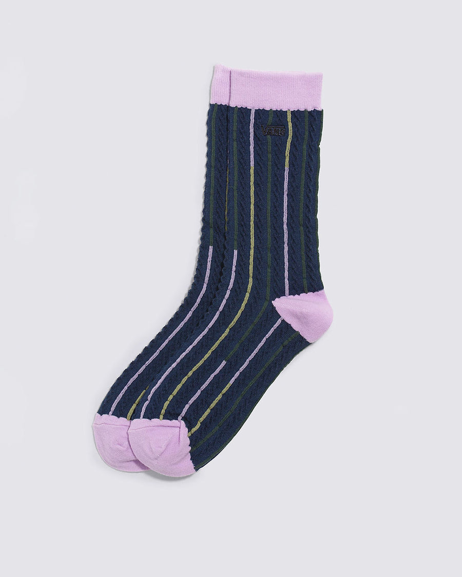 blue socks with lavender trim and colorful vertical stripes