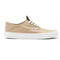 tan authentic vans sneaker with dark brown tab on the tongue and thick white sole