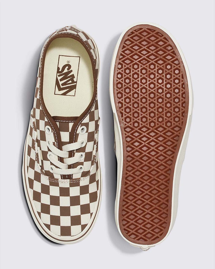 top and bottom view of dark brown and white checkered vans authentic sneakers
