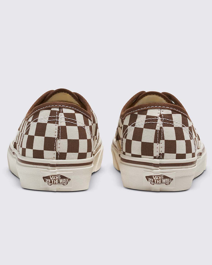 back view of dark brown and white checkered vans authentic sneakers