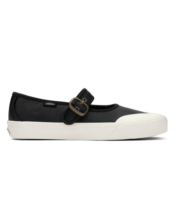 black leather mary jane shoe with white sole and trim and buckle strap