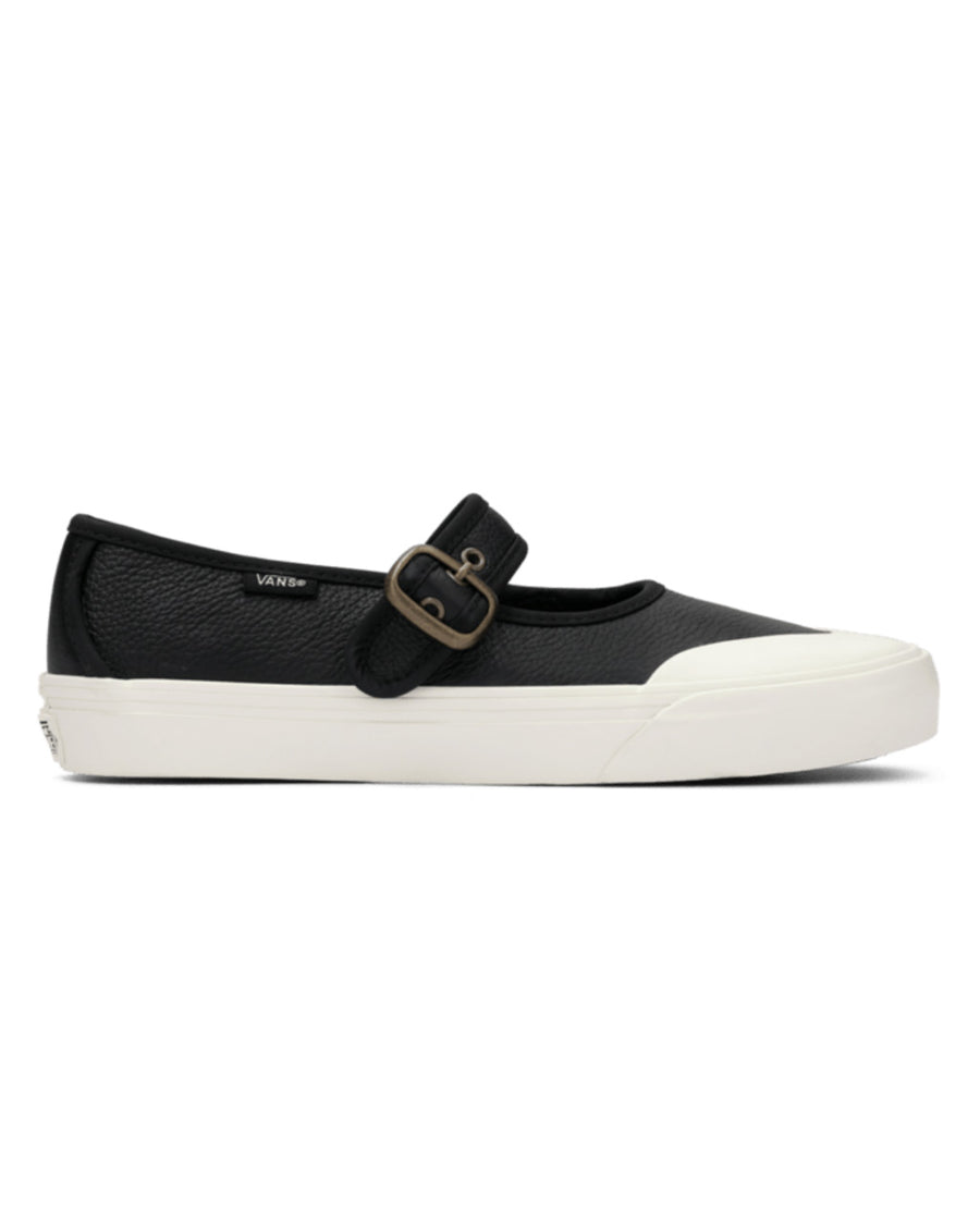 black leather mary jane shoe with white sole and trim and buckle strap