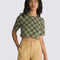 model wearing two tone green checkered crop t-shirt