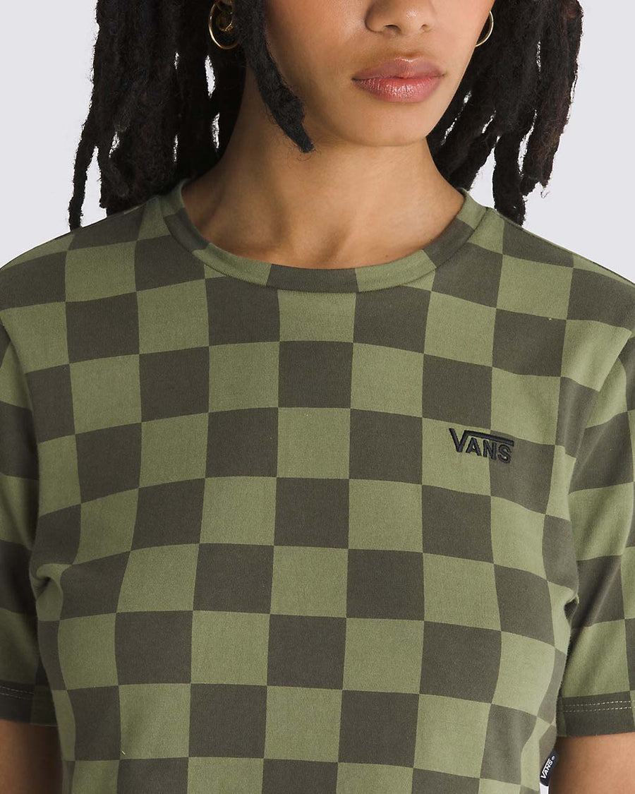 up close of model wearing two tone green checkered crop t-shirt