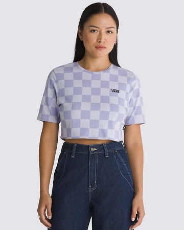 model wearing purple and lilac checkered cropped tee