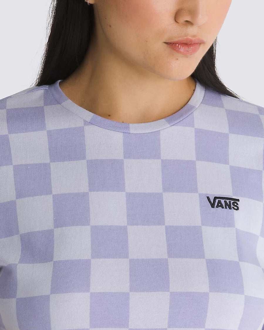 up close of model wearing purple and lilac checkered cropped tee