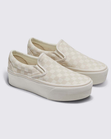 cream and white checkerboard vans slip-on stackforms