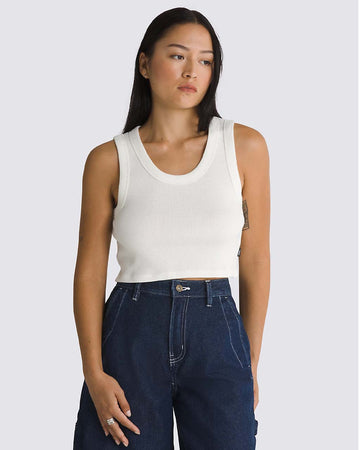 model wearing cropped white tank with thick straps and ribbed material