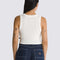 back view of model wearing cropped white tank with thick straps and ribbed material
